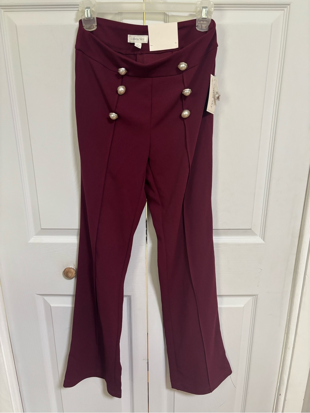 Olivia Sky Burgundy Boot-Cut Sailor Pants with Pearl Buttons